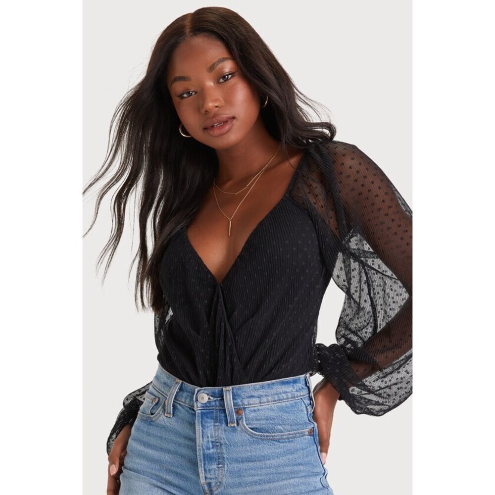 Lulus Doting Behavior Black Pleated Swiss Dot Surplice Bodysuit - Size M